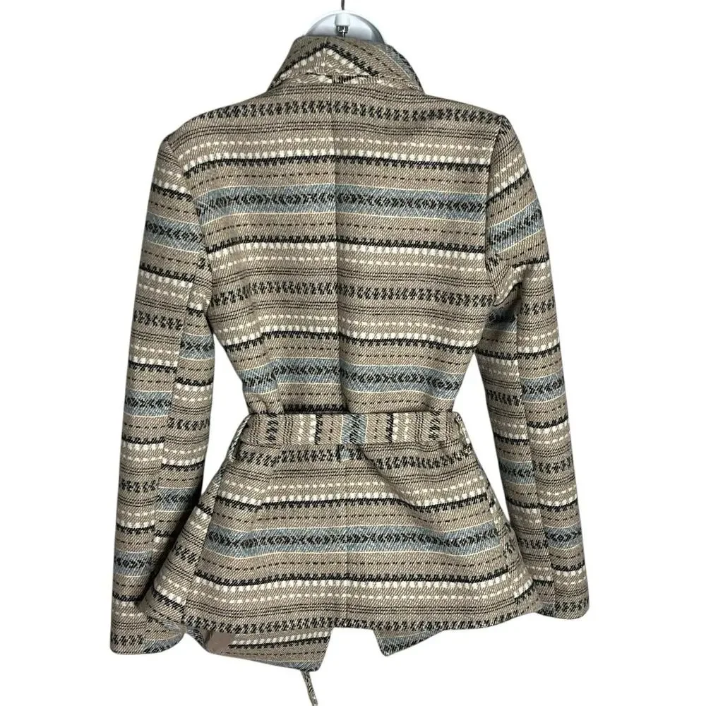 Jack BB Dakota Wrap Coat Jacket Women's S Blanket Belted Pockets Tan Blue Aztec